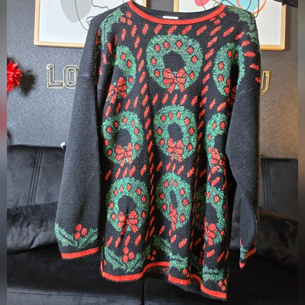 Ugly Christmas Sweater Festive Wreath Pattern Sweater Size Medium